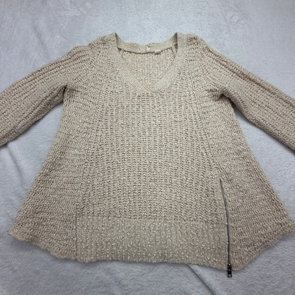 Anthropologie Moth V-Neck Sweater Womens S Beige Side Zip Chunky Knit Cotton - Picture 4 of 13